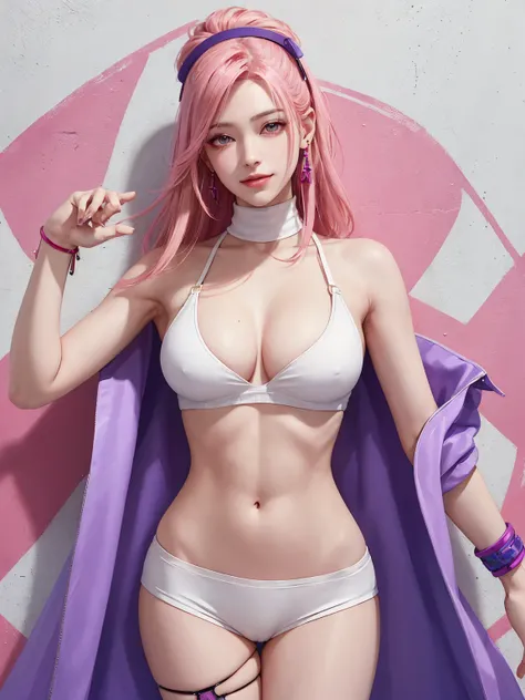 (Masterpiece, best quality, 1 girl, alone, complicated details, Chromatic aberration), realistic, ((Moderate breath)),long hair, pink hair, Red headpiece, Pink Highlights, hair on one eye,purple eyes, earring, sharp eyes, choker, Neon coat, She wears a col...