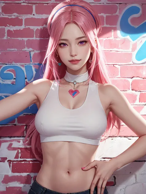 (Masterpiece, best quality, 1 girl, alone, complicated details, Chromatic aberration), realistic, ((Moderate breath)),long hair, pink hair, Red headpiece, Pink Highlights, hair on one eye,purple eyes, earring, sharp eyes, choker, Neon coat, She wears a col...