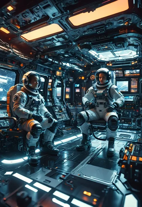 a highly detailed and realistic space station interior, 2 astronauts operating control panels, serious expressions, vast open space, dramatic lighting, cinematic camera angle, ultra-realistic environment, outstanding 8k quality, studio lighting, physically...