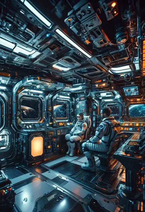 a highly detailed and realistic space station interior, 2 astronauts operating control panels, serious expressions, vast open space, dramatic lighting, cinematic camera angle, ultra-realistic environment, outstanding 8k quality, studio lighting, physically...