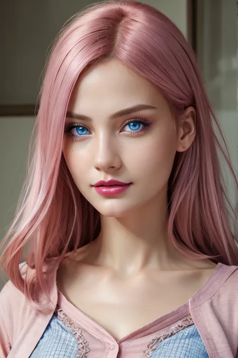 best quality, ultra high res, (photorealistic:1.4), (detailed beautiful girl:1.4), (medium breasts:0.8), looking_at_viewer, Detailed facial details, beautiful detailed eyes,pink hair, blue eyes, slender, haunting smile, (makeup:0.3), red lips, highly detai...