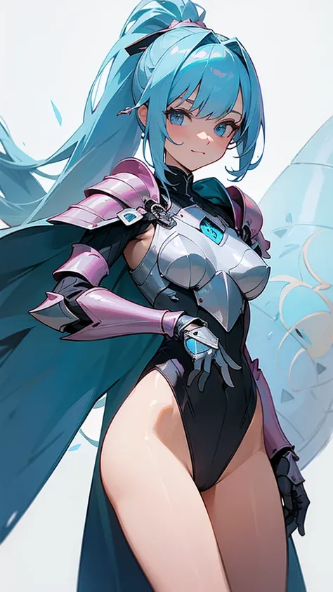 (CorqueLans), pink armor, high-cut_armor, high-leg-cut_armor, high-leg-cut_leotard, Removable armor, long hair, light blue hair, ponytail, half smile, rétro game, zoom face