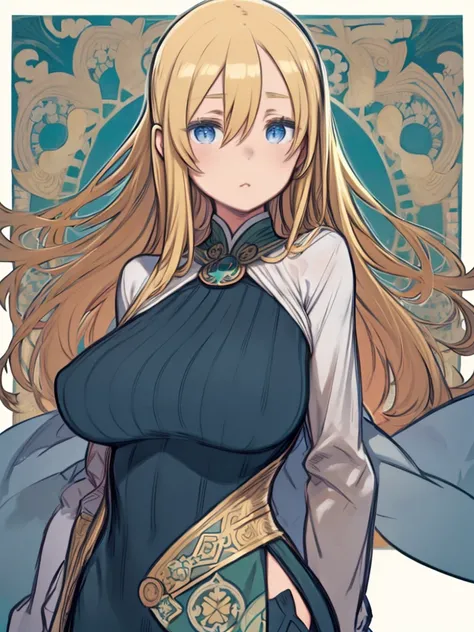 One Girl、Alphonse Mucha　style、Flat Color、Blonde Hair、long hair、Hair between the eyes、Big Breasts、Huge breasts、Blue Eyes、Green Turtleneck Sweater、White Cape、Upper Body、