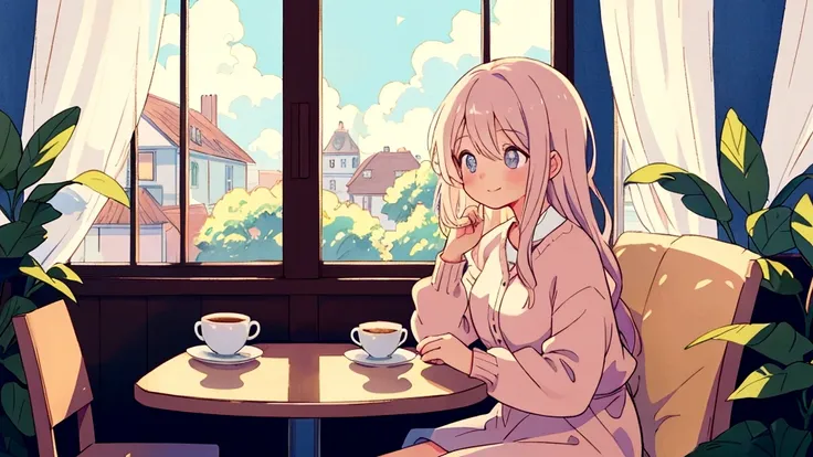 An anime-style image of a woman sitting alone in a cozy café on a Sunday morning, drinking a single cup of coffee and gazing out of the window with a dreamy expression. The scene outside the window shows a beautiful, sunny day. The woman is captivated by t...