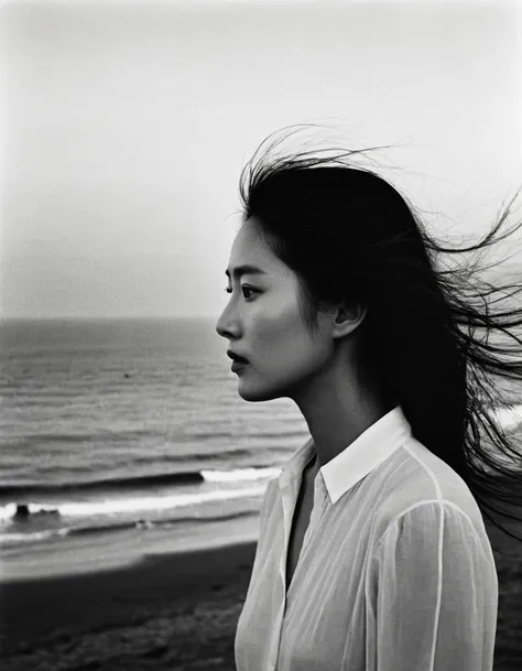 seaside，Faint glow，一位女人站在seaside，Looking into the distance，Ralph Gibson Style