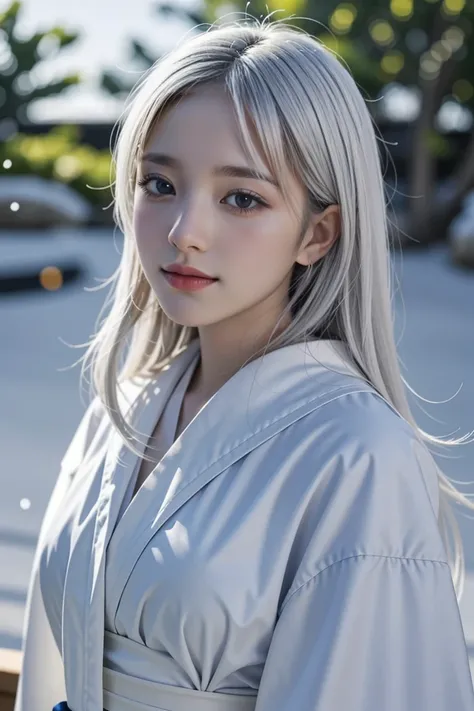 Japanese garden,White Hair,Blue Eyes,Smile,Beautiful woman,Long eyelashes,Natural light,Bright colors,Calm atmosphere portrait,landscape,Detailed face,Beautiful detailed eyes,Beautiful detailed lips,Highly detailed eyes and face,Snow Woman,kimono,Full body...