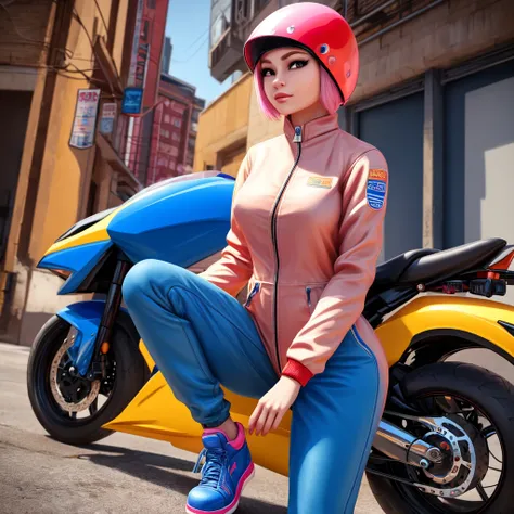 ((beautiful girl 18 years old with a perfect athletic figure with beautiful breasts and hips, she is wearing a light beige jumpsuit with a golden zipper in the middle, she has black eyes and light pink bob hair, she wears blue shoes, on her head is a red m...