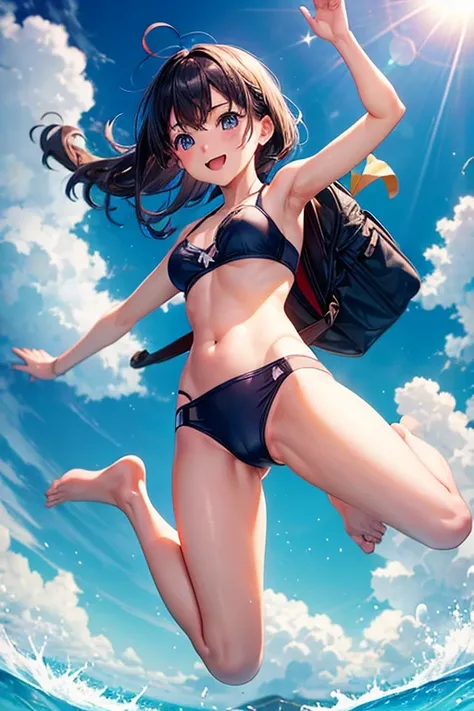 girl、Tube top bra、ky diving、Descent、fall、From below、Hair fluttering into the sky、Aerial、whole body、Open your arms、sun、Lens flare、smile、Spread your legs、Long Shot、Belly button、Point your feet up、Backpack