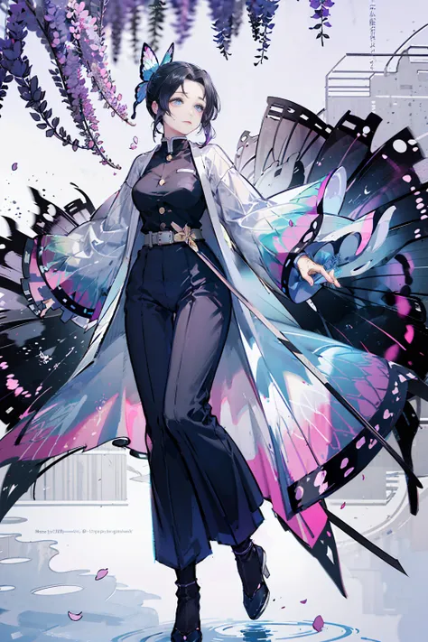 A highly detailed and high-resolution masterpiece by Shinobu Kocho, The beautiful and terrifying dynamic action of the Demon Slayer Corps. Her voyeur had some butterflies., Highlights the exquisite detail of her butterfly-themed outfit and the fierce expre...