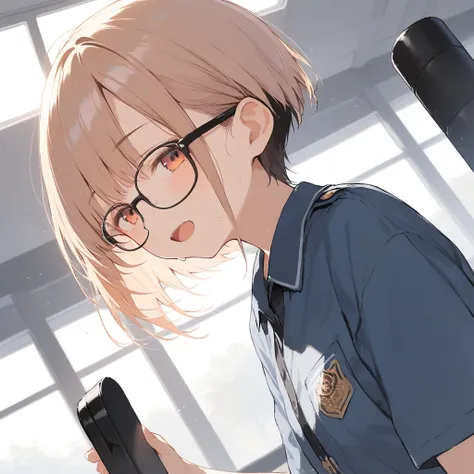 score_9, score_8_up, score_7_up, source_anime, best quality, masterpiece, official art, absurdres, highres, ultra-detailed,waifu2x,Collection: Slice of Life,break,1girl, very short hair,pixie cut, long bangs, glasses, uniform, small breasts, sweat, open mo...