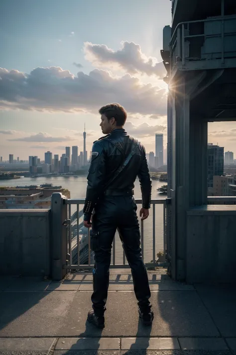 (8k unit wallpaper CG extremely detailed, masterpiece, best quality, ultra-detailed), (((solo)))), ((extremely wide shot:1.15)), a man on a bridge looking at a scifi city in the distance in the background, ((back view)), ((full body)), (high detail), (intr...