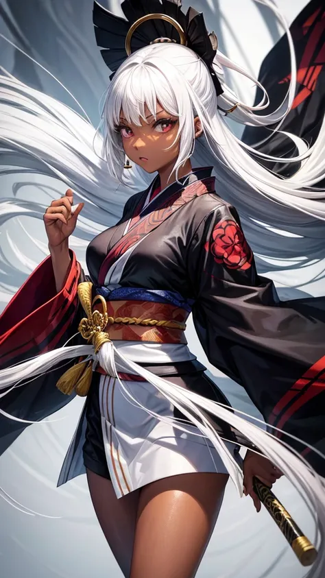 black female, with kimono, white  hair, hand-to-hand combat stance, white tattoos on the body