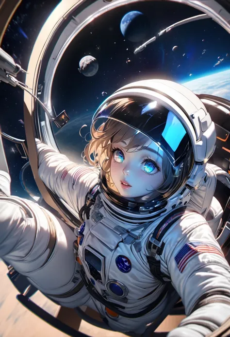 A beautiful cute girl,beautiful detailed eyes,beautiful detailed lips,extremely detailed face,1girl,smooth and seamless astronaut suit, black suits, astronaut transparent full-face helmet, face through helmet visor:1.3, skin-tight sexy spacesuit,zero gravi...