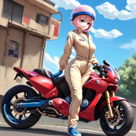 ((beautiful anime girl 18 years old with a perfect athletic figure with beautiful breasts and hips, she is wearing a light beige jumpsuit with a gold clasp, she has black eyes and light pink bob hair, she wears blue shoes, on her head is a red motorcycle h...