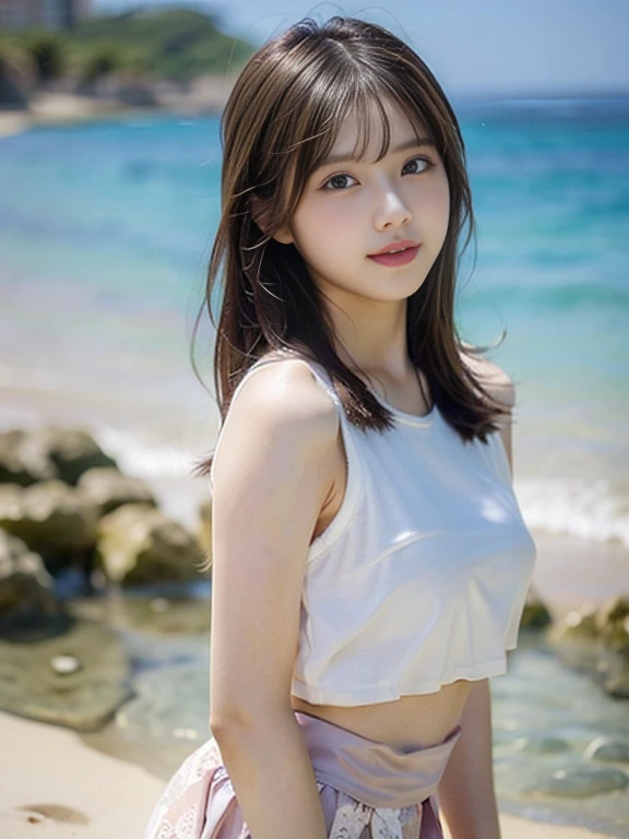 Photo-realistic quality、A Japanese woman standing on the beach wearing a pale gray-pink sheer dress, 、The skirt is transparent due to the backlight、realistic Young Gravure Idol, Young and cute gravure idol, Young Sensual Gravure Idol, Young and skinny grav...