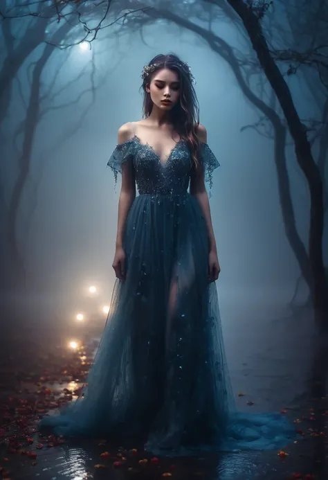 Full body by Sady Sadness ♥️ 8k, fine art, dreamy background, fog, gloomy, dark fantasy. bright,  beautiful, splashes,Glittering, sweet and enchanting, delicate, edge lighting, lights, extreme, magic, surreal, fantasy, Woman