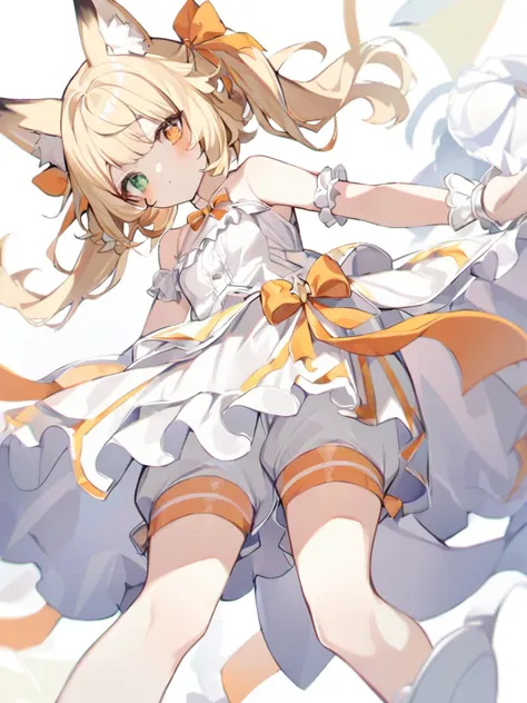 One girl, pretty girl, Big eyes,Nice face,Fox Girl,bangs, Bare shoulders, Blonde, blush, bow, chest, 白いchestの谷間, The body was cut off, , Green Eyes, Hair Ribbon, Heterochromia iridis,  Staring at the audience, , orange bow, Orange eyes, Orange Ribbon,  stu...