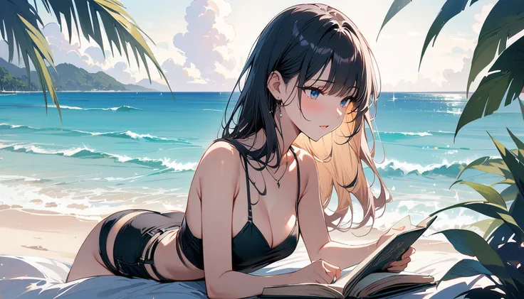 (masterpiece, Highest quality:1.2), 1 Girl, alone,Eyes open,I have a book,Tropical atmosphere,Ocean