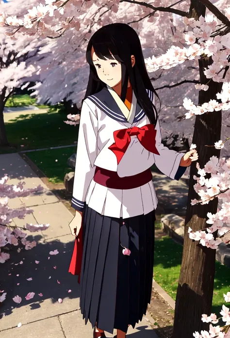 A cute high school girl with long, flowing hair, wearing a traditional Japanese  with a pleated skirt and sailor collar, standing under a cherry blossom tree.