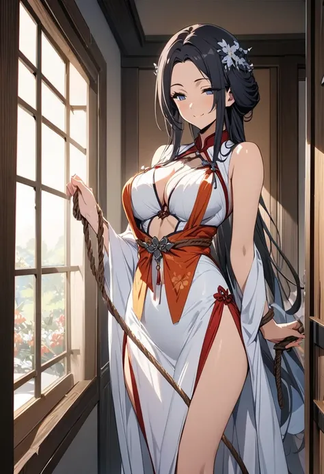 masterpiece, best quality, extremely detailed, anime, Woman, Orihime, black hair,Chinese celestial maiden outfit, lightless eyes, smiling, (holding long rope), windowless room,