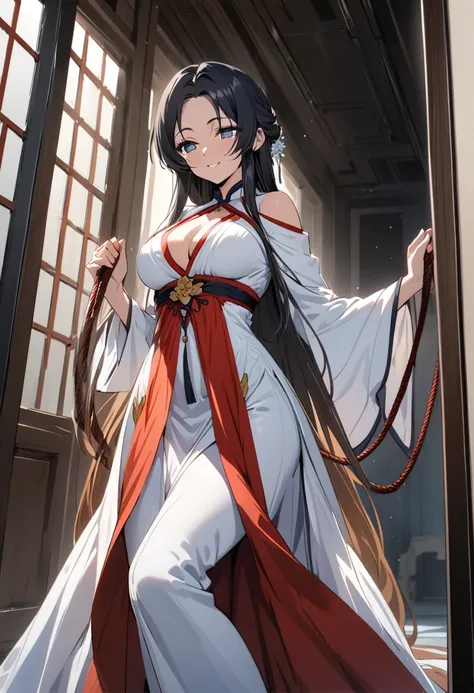 masterpiece, best quality, extremely detailed, anime, Woman, Orihime, black hair,Chinese celestial maiden outfit, lightless eyes, smiling, (holding long rope), windowless room,