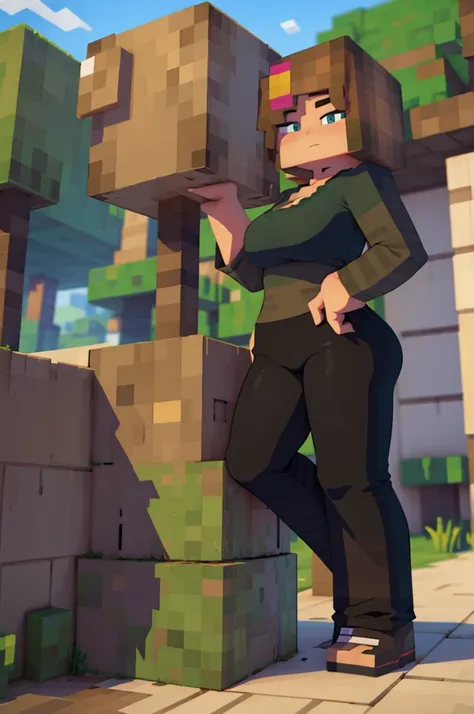 girl, green eyes, brown hair, blue clothes, black long pants, full body, minecraft girl