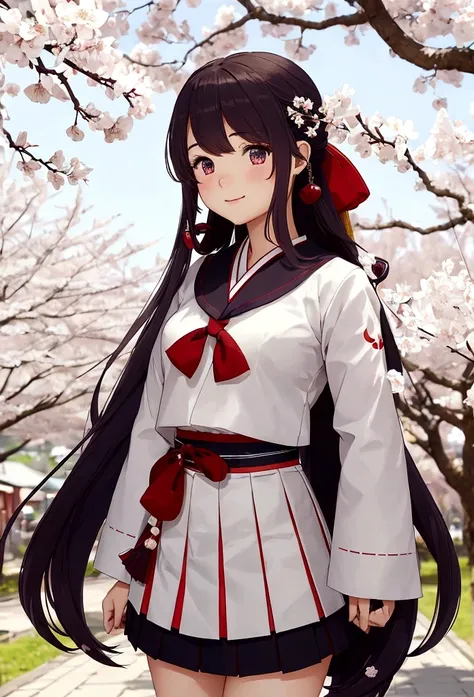 A cute high school girl with long, flowing hair, wearing a traditional Japanese  with a pleated skirt and sailor collar, standing under a cherry blossom tree.