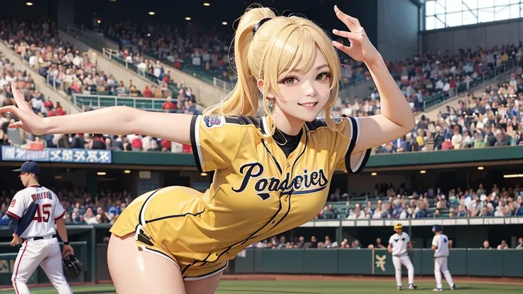 a beautiful courtesan is playing baseball at koshien stadium。sexy smile、blonde ponytail、hanshin tigers uniform