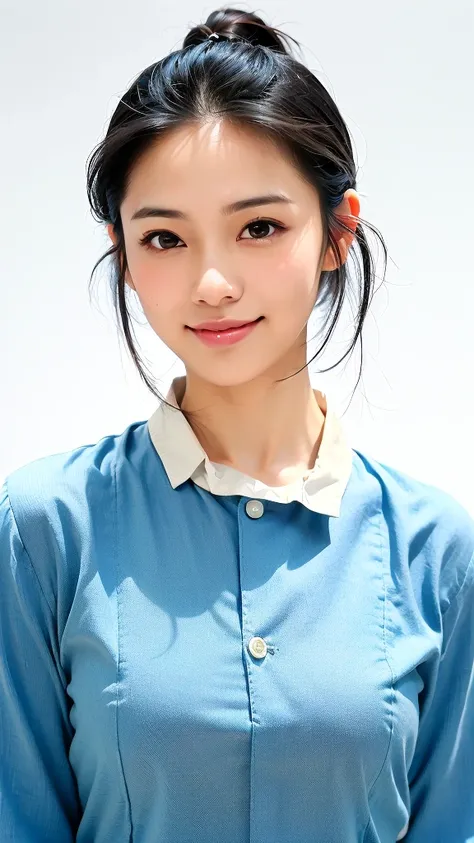 (1 woman:1.99)、(Wide forehead、Very short hair、Very small amount of hair、Forehead、Fuji frame:1.1)、Sunburn、17 years old、Naughty、Happy expression、満面のsmile、Weakness、love、I feel very comfortable alone、(Light blue dress shirt、Black slacks、Hands folded behind you...