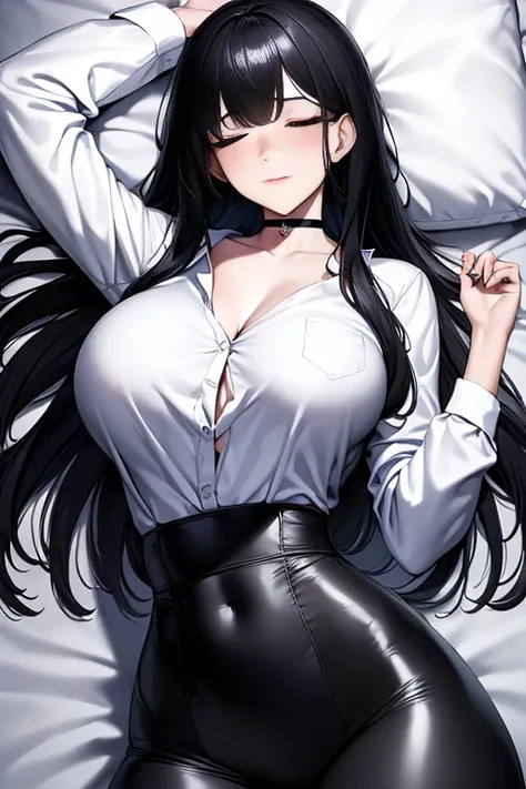 Masterpiece, high quality full length portrait of 1 woman (maduro)) YOUNG), lying in bed, choker:1.6, (long sleeve white shirt), (shiny black leggings), beautiful thin face, detailed face, long hair, (black hair), BIG BREASTS, pale and light skin, sleeping...