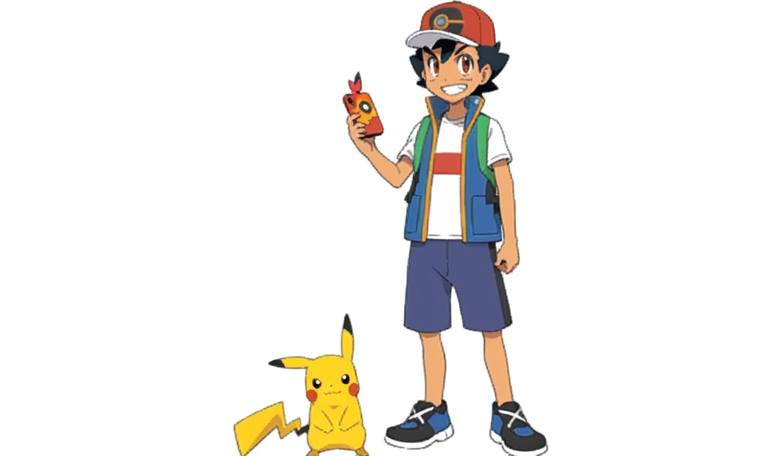 The illustration is in the style of Akira Toriyama, the creator of Dragon Ball.　pokemon character with a pokemon phone and a pokemon pikachu, ash ketchum, pokemon trainer, pikachu as a human, official art, pokemon trainer outfit, illustration pokemon, poke...