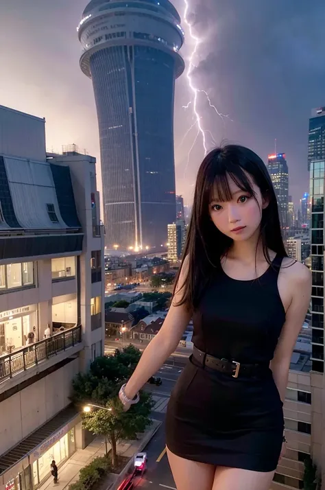 giantess, wearing short dress, GTS city of the year 2222, City buildings, nube, Tornado, lightning strikes, Evil, realistic lighting, high jump, from low, birds flying,(towering regs)