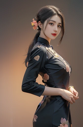 a beautiful girl in vintage colors aodai, masterpiece ,(Dye painting)  ( Black color   dress ) wrapped in a large flower print( flower silk ..... with  ) best quality, realistic:1.3, street, cyberpunk, holding bundle of adubon sunlight, backlighting, (well...