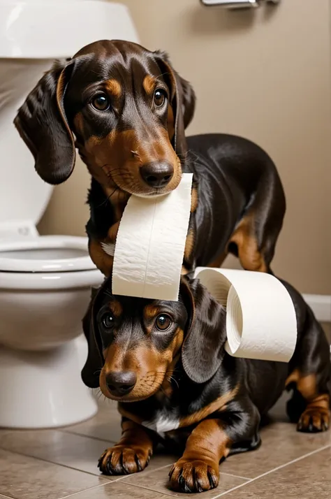 Light brown dachshund, playing with toilet paper