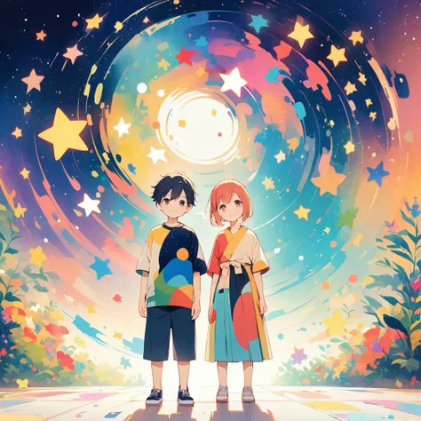 Watase Seizo style, Standing in front of a high wall，Simple line initials，Abstract art，Galactic Universe Background, Tanabata.milky way、Girls and boys、A radiant smile、Smile、Star of the sky