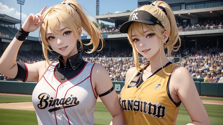 A beautiful courtesan playing baseball at Koshien。Sexy smile、Blonde ponytail、Hanshin Tigers uniform