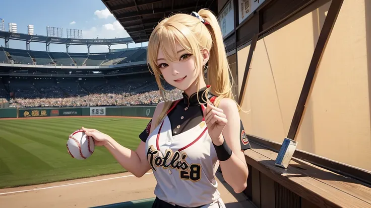 A beautiful courtesan playing baseball at Koshien。Sexy smile、Blonde ponytail、Hanshin Tigers uniform