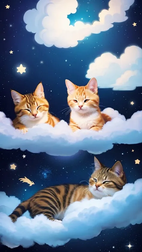 Cat、Above the Clouds、night、star、流れstar、Cute、Character Style、Are sleeping、