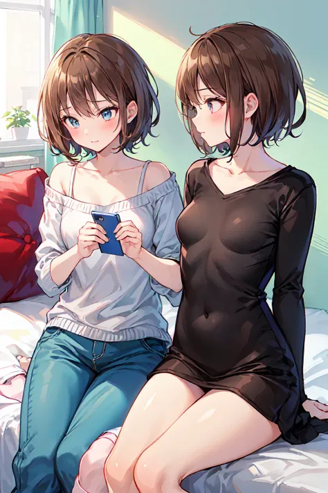 How to sit a girl，Written boundary depth, Delicate eyes, Fine skin、Smooth、Perfect beauty、Small breasts、thin，((Natural style))，Brown Hair、Truly beautiful、Beautiful profile，Perfect Style，Ahegao，((Boyish clothes))，Shortcuts，Western-style room，On the bed，Light...