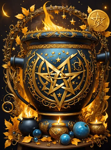 ((best quality)), ((masterpiece)), (detailed), magic, witchcraft, witch accessories, pentagram, cauldron, rich golden ancient accessories, very detailed rich ornaments, spiritual practice, harmony