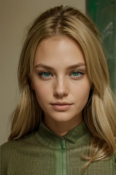 blonde with green eyes and a front view