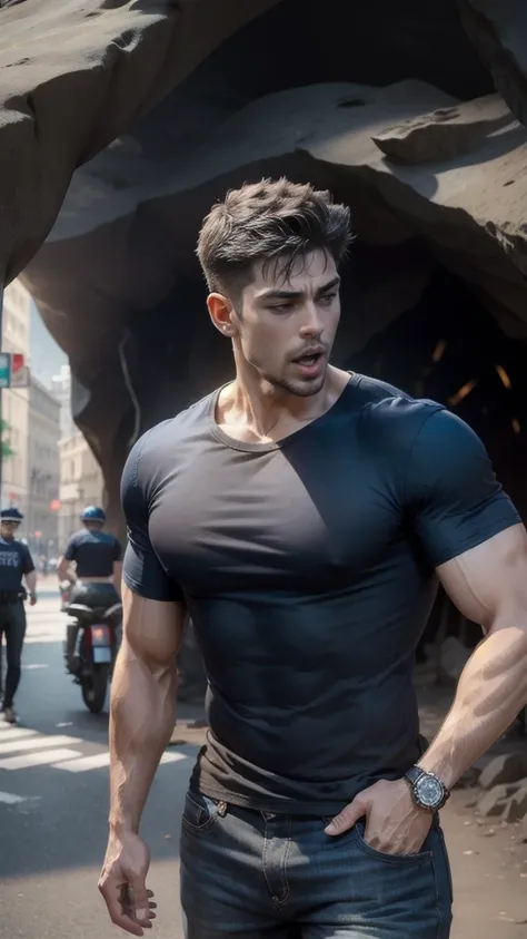 (Man walking in the city in the middle of the road),(crew cut hair:1.3),black eye,(Wear a fitted round neck t-shirt in navy with a police badge.:1.5),(t-shirt fit neck:1.5),Navy blue jeans,(black_gloves:1.2),Korean guy,chest muscles,large arm muscles,blood...