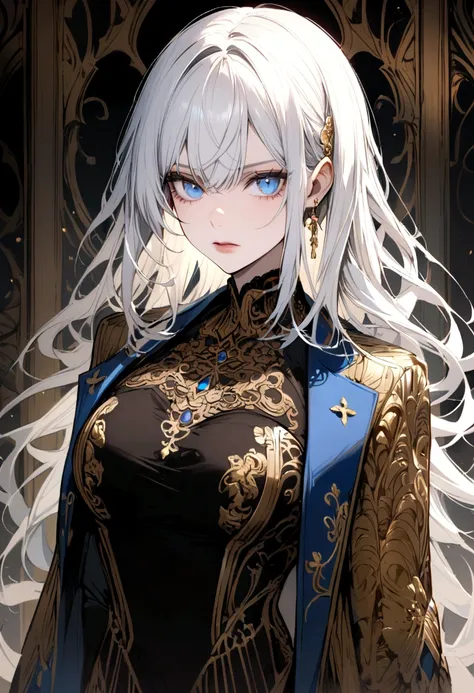 A woman holds a katana, has white hair, blue eyes, and wears a blue and gold jacket.  and wearing a black shirt