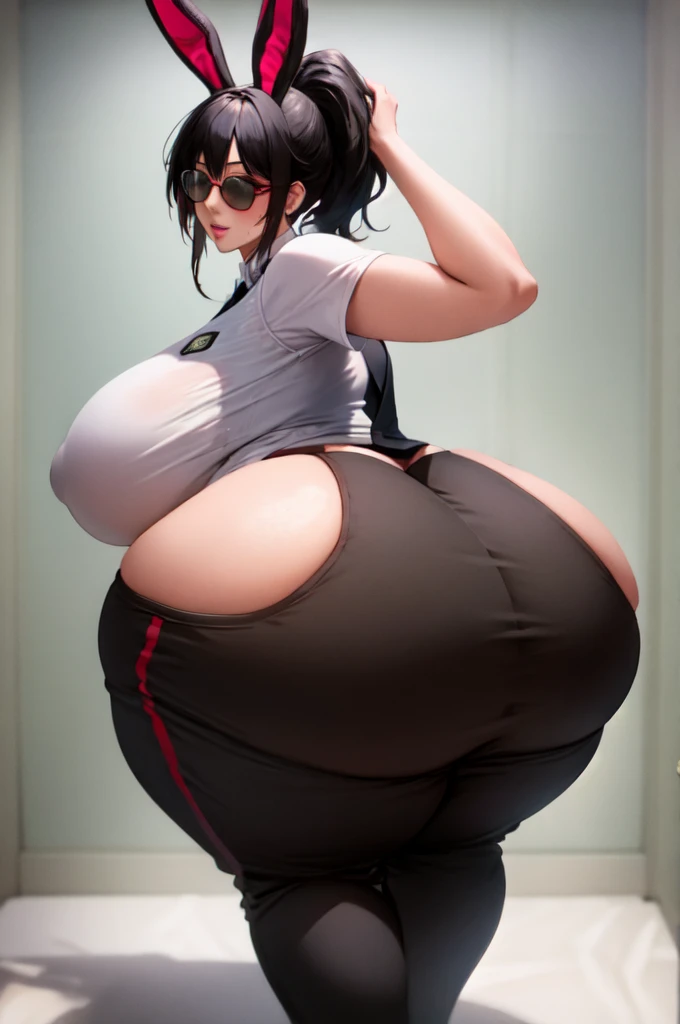 masterpiece, best quality,1girl, High Ponytail Black hair, with black bunny ears, black animal ears,with black rabbit tail, with Sunglasses on head (Red Frame),(Vest shirts,sweatpants), (huge breasts, huge butt)