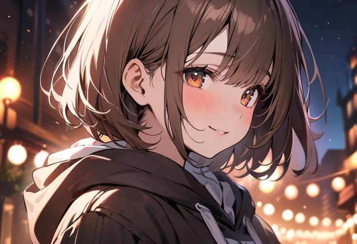 ((masterpiece:1.4, best quality)),((masterpiece, best quality)),night,cute girl standing,hoodie,(brown fine short hair),brown eyes,skirt,blush,smile,(depth of field:1.3),portrait,(night view),upper body,light particles