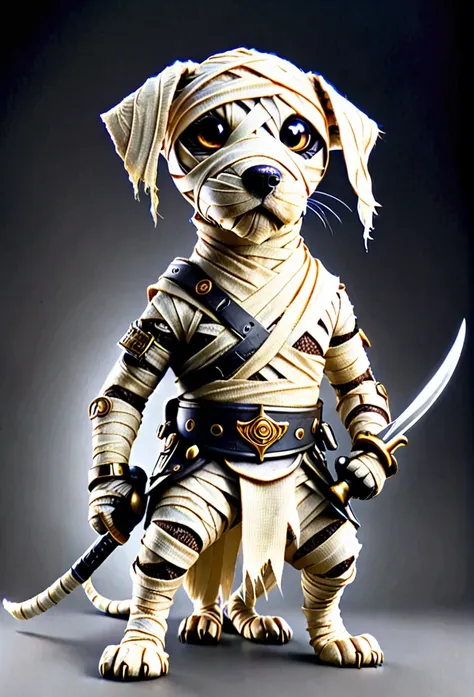 Mummy dog holding weapons for fight, wearing mummy bandage 