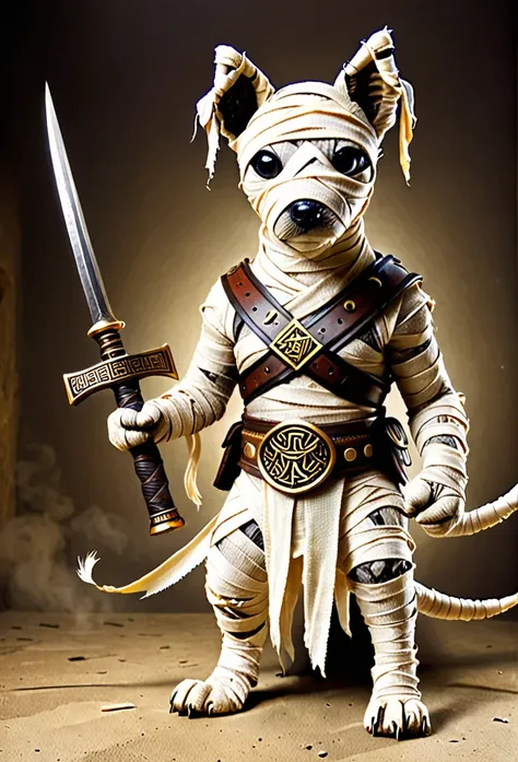 mummy dog holding weapons for fight, wearing mummy bandage