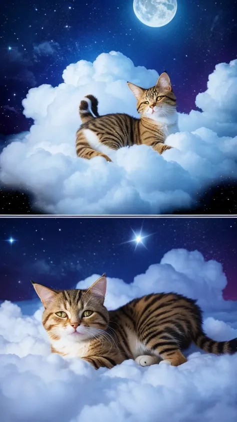 1 cat、Above the Clouds、night、star、流れstar、Character Style、Are sleeping、