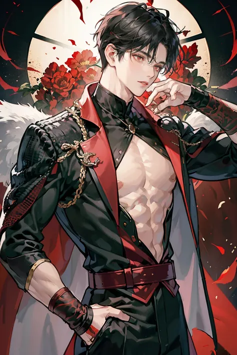 (masterpiece), seductive eyes, soft red lips, red eyes, full bangs, short black hair, perfect face, black suit, big biceps, big forearms, folded sleeves, left side profile, anime cover, 1boy, mature face, covered up body