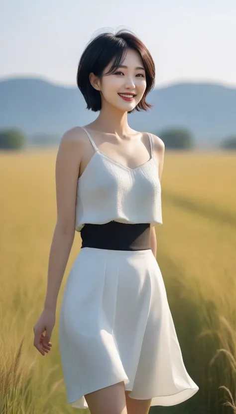 36 year old Korean woman, with short black hair, white leaky shoulder top, black skirt, take a walk in the field, happy smile, Short hair fluttering, elegant details, physical sky, gradient sunlight, uhd, best quality, masterpiece, high quality, Awards, te...